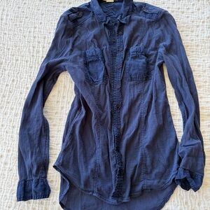 Anthropologie Navy Button-Up Long Sleeve Blouse